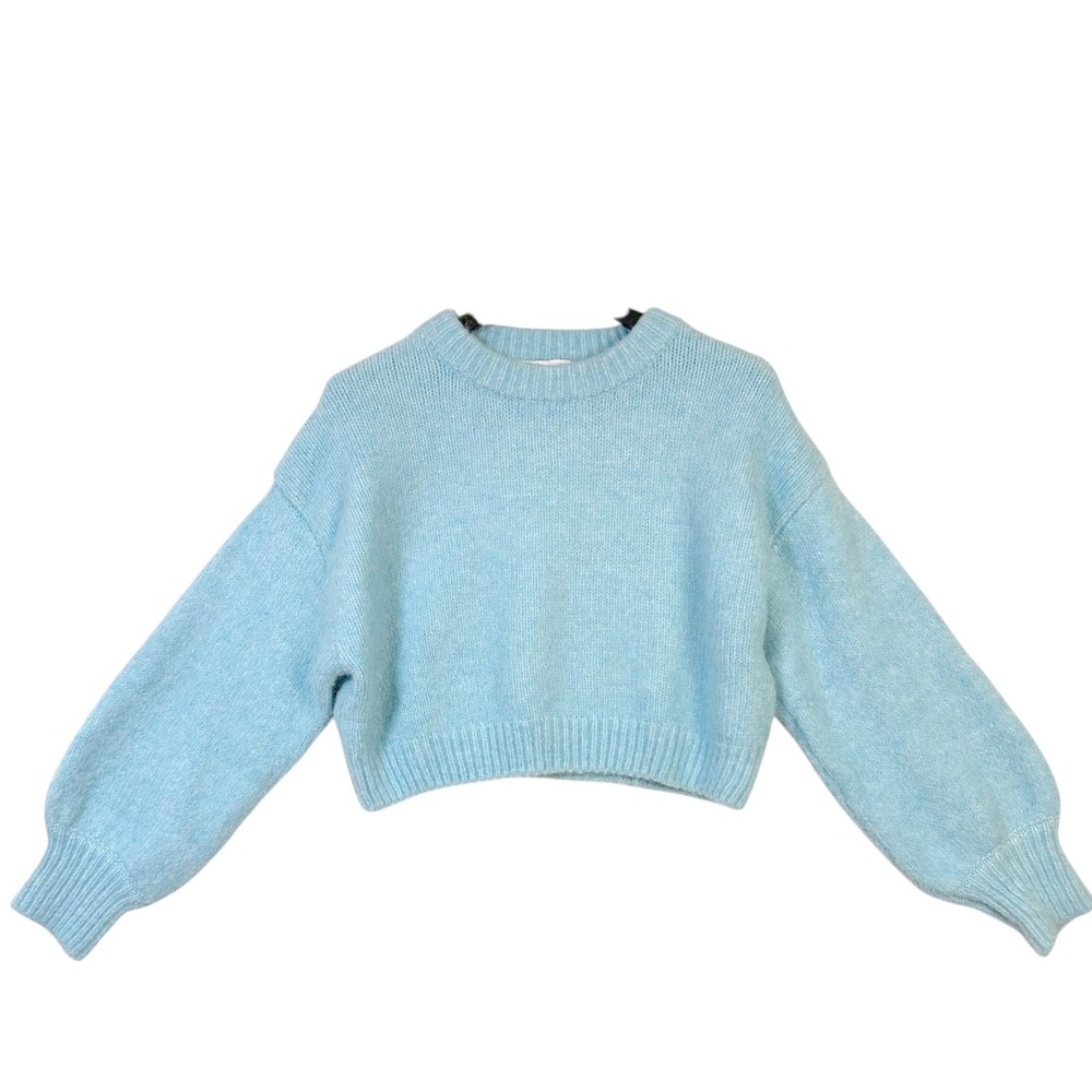 Zara Light Blue‎ Cropped Balloon Sleeve Fuzzy Knit Sweater S Y2K Bratz Pastel